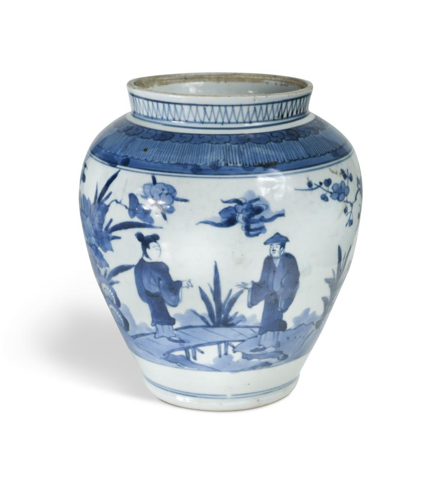 A Japanese blue and white Arita ovoid jar, Edo, late 17th century, painted with two figures standing