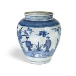 A Japanese blue and white Arita ovoid jar, Edo, late 17th century, painted with two figures standing