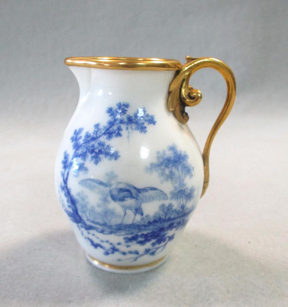 A Sevres ormolu mounted cream jug, painted by Francois Jospeh Aloncle in camaieu bleu with vignettes - Image 2 of 5