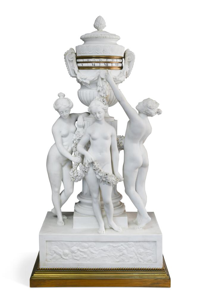 A French bisque porcelain Three Graces mantel clock, last quarter 19th century, after the model by