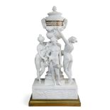 A French bisque porcelain Three Graces mantel clock, last quarter 19th century, after the model by