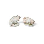 A pair of porcelain models of 'Florentine' boars, on oval bases encrusted with foliage, 14cm long (