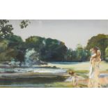 Charles Sims, RA, RWS (British, 1873-1928) Bathers by a pond signed lower right "Sims" gouache 22