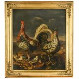 Attributed to Jacomo Victors (Dutch, 1640-1705) A Sicilian Buttercup cockerel with a Brabanter hen
