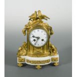 A French ormolu mounted and white marble mantel clock, late 19th century, the case surmounted by two