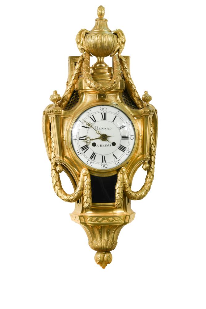 A French ormolu wall clock, 19th century, the 17cm convex white dial marked 'Renard a Rheims',