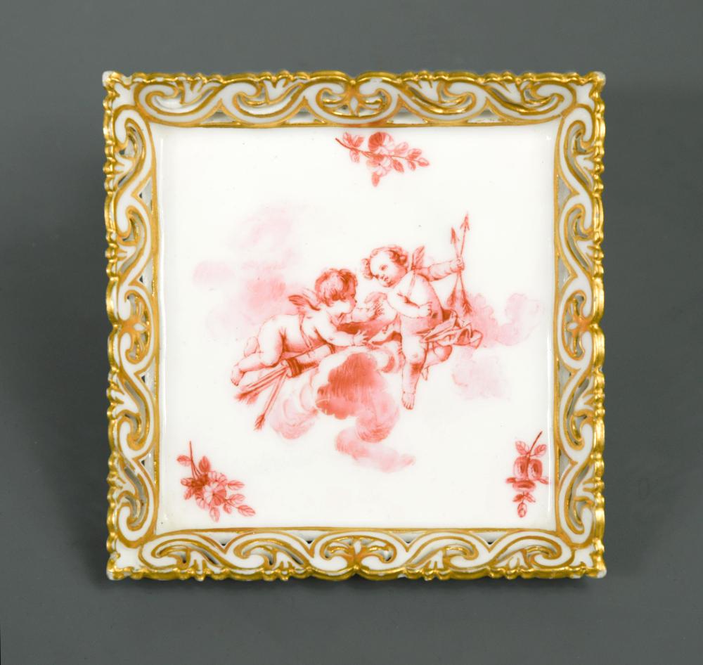 A Sevres small square tray (Plateau ‘carre a jour’, 1ere grandeur), painted to the centre in camaieu