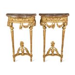 A pair of 19th century Louis XVI style carved giltwood rouge marble top console tables (2) 84 x 51cm