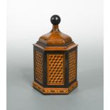 A 19th century Tunbridge Ware hexagonal caddy, of hexagonal form with loose cover surmounted with