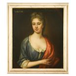 English School, circa 1720 Portrait of Lady Cole, half-length, in a blue dress and a pink shawl