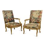 A pair of 20th century French gilt framed fauteuil, upholstered with aubusson needlepoint panels (2)