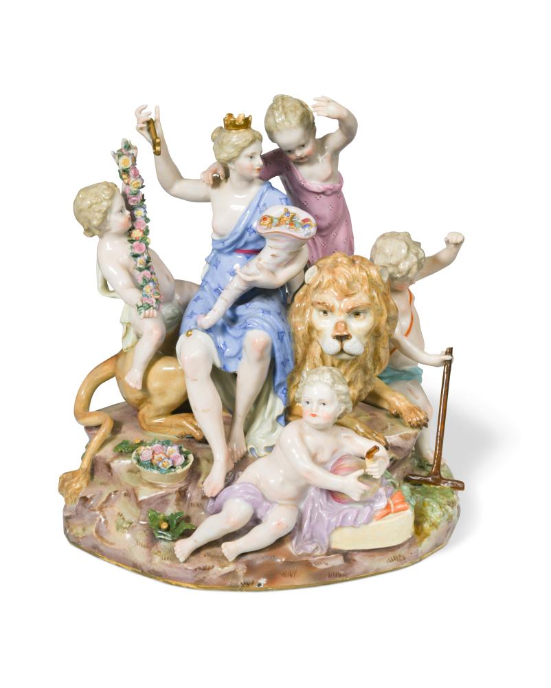 A Meissen allegorical figure group of 'Earth', 19th century, the lady seated on a lion's back,