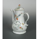 An early Worcester coffee pot and cover, circa 1755, decorated in the kakiemon style with foliage,