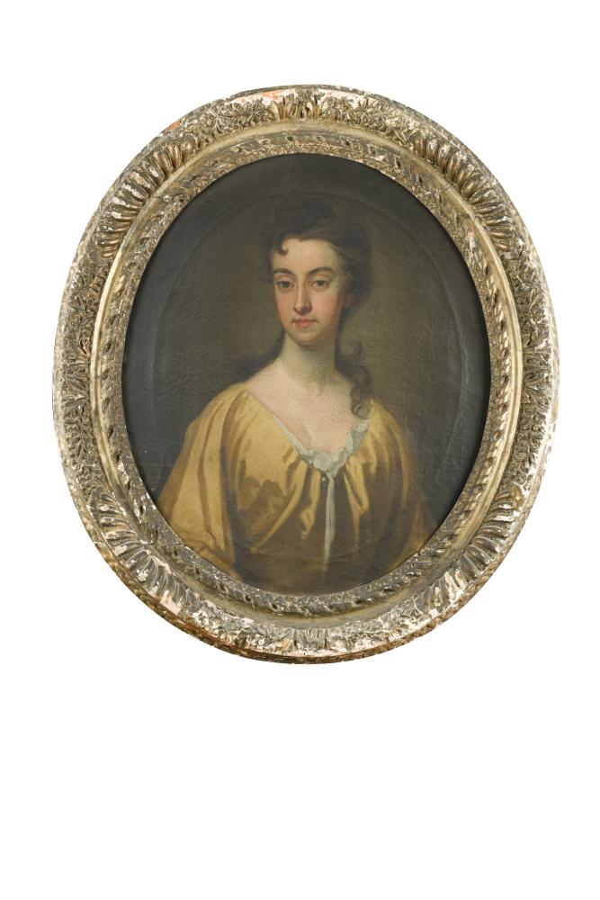 Circle of Michael Dahl (Swedish, 1659-1743) Portrait of Mrs Wilmot, head and shoulders, in a gold