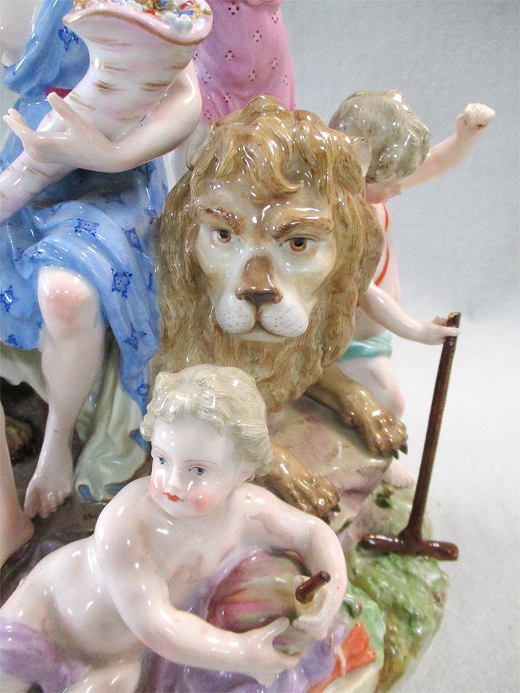 A Meissen allegorical figure group of 'Earth', 19th century, the lady seated on a lion's back, - Image 3 of 11