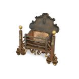 A mid-18th century cast iron and brass basket fire grate, with shaped back and applied crests 91 x