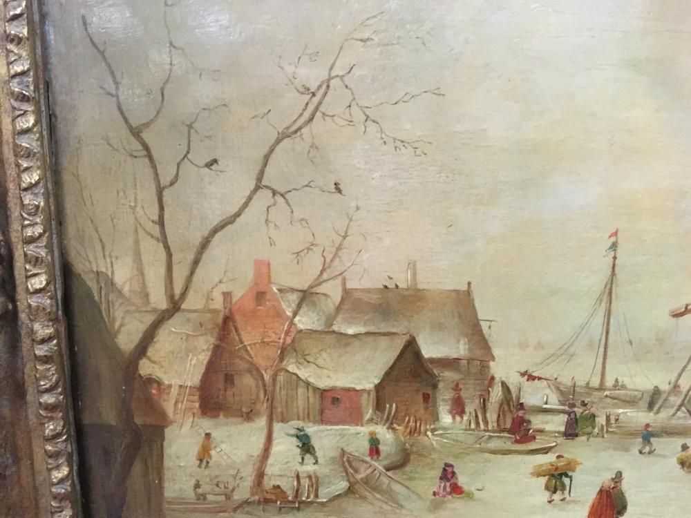 Manner of Hendrick Avercamp (Dutch, 1585-1634) Frozen river scene with figures skating oil on - Image 6 of 10