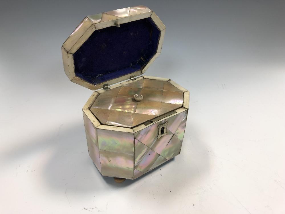 A 19th century mother-of-pearl tea caddy, of heavily canted rectangular form, with internal lift-out - Image 2 of 4