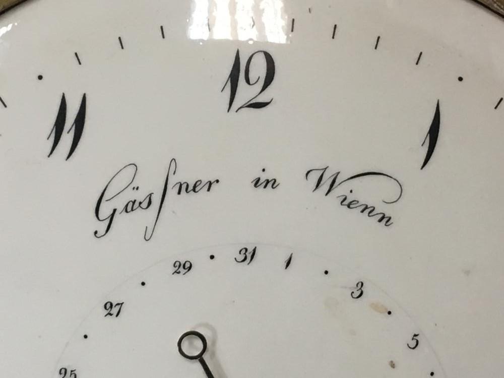 An early 19th century Austrian giltwood wall clock, signed 'Gassner in Wien', the 25cm white dial - Image 3 of 5