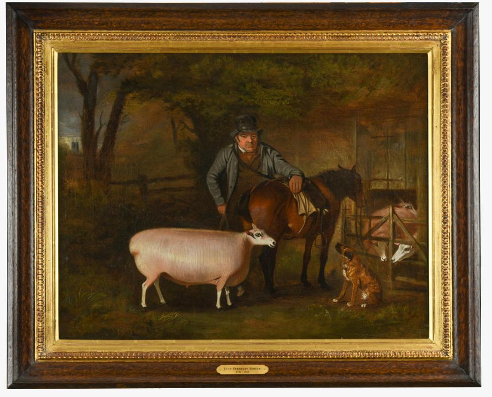 English School, 19th Century A Farmer with a prize ram, a bay pony and a sheep dog before a pen of