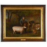 English School, 19th Century A Farmer with a prize ram, a bay pony and a sheep dog before a pen of