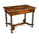 A 19th century Dutch walnut and marquetry table, incorporating earlier elements, on twist column