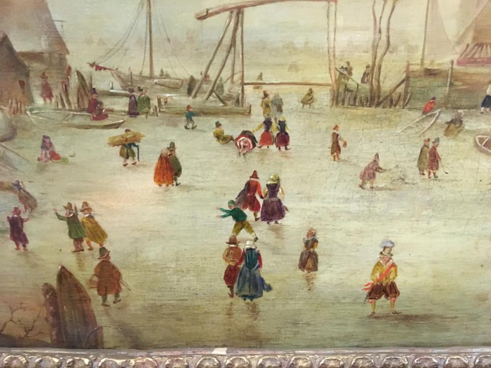 Manner of Hendrick Avercamp (Dutch, 1585-1634) Frozen river scene with figures skating oil on - Image 4 of 10