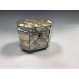 A 19th century mother-of-pearl tea caddy, of heavily canted rectangular form, with internal lift-out