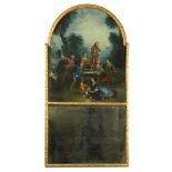 A 19th century French giltwood framed Trumeau mirror, the large rounded arch pane painted with an