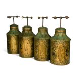 A set of four Regency toleware tea canisters, decorated with Chinese characters and numbered, fitted