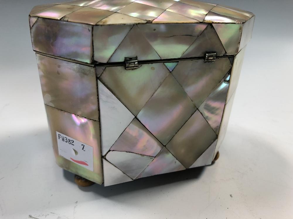A 19th century mother-of-pearl tea caddy, of heavily canted rectangular form, with internal lift-out - Image 3 of 4