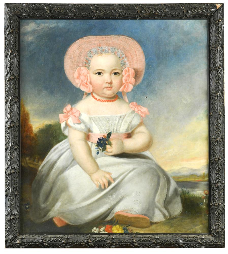 English Provincial School, late 18th Century Portrait of a small girl in a cream dress with pink