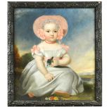 English Provincial School, late 18th Century Portrait of a small girl in a cream dress with pink