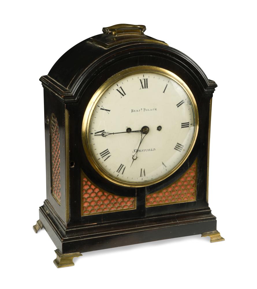 A Regency ebonised bracket clock, the single pad top case with carrying handle above 8inch (20cm)