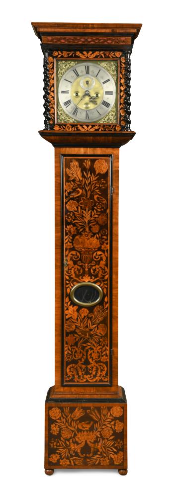 Robert Clements, London, a late 17th century walnut marquetry longcase clock, the hood with