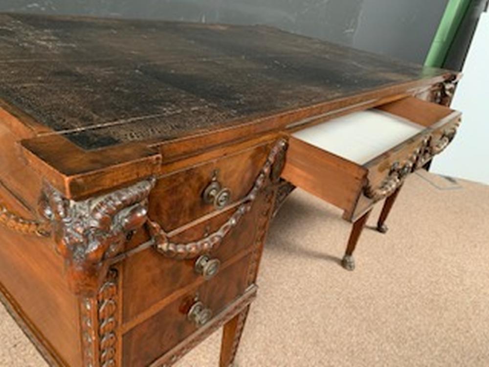 A late 19th century Adam revival mahogany partners desk, the eared top inset with a green leather - Image 3 of 4