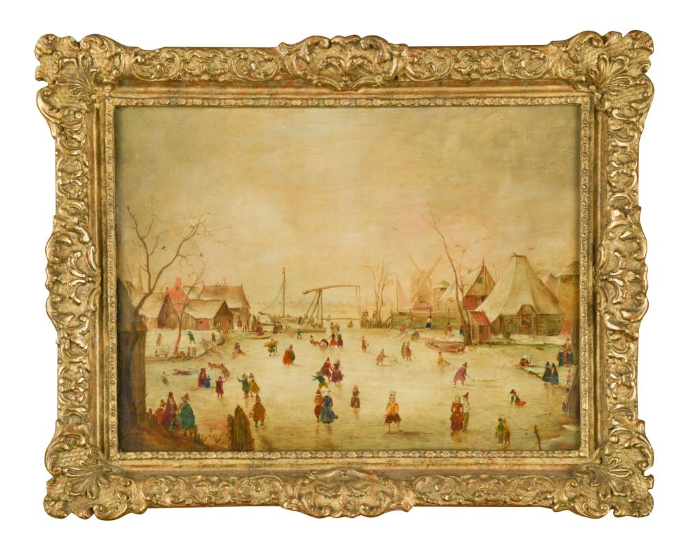 Manner of Hendrick Avercamp (Dutch, 1585-1634) Frozen river scene with figures skating oil on