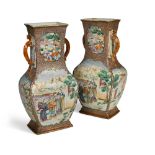 A pair of Chinese export Mandarin palette two-handled vases, Qianlong (1736-95), of rectangular