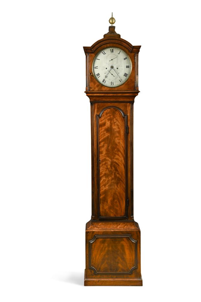 John Thwaites & Co, London, a Regency mahogany longcase clock, the finial topped break arch hood