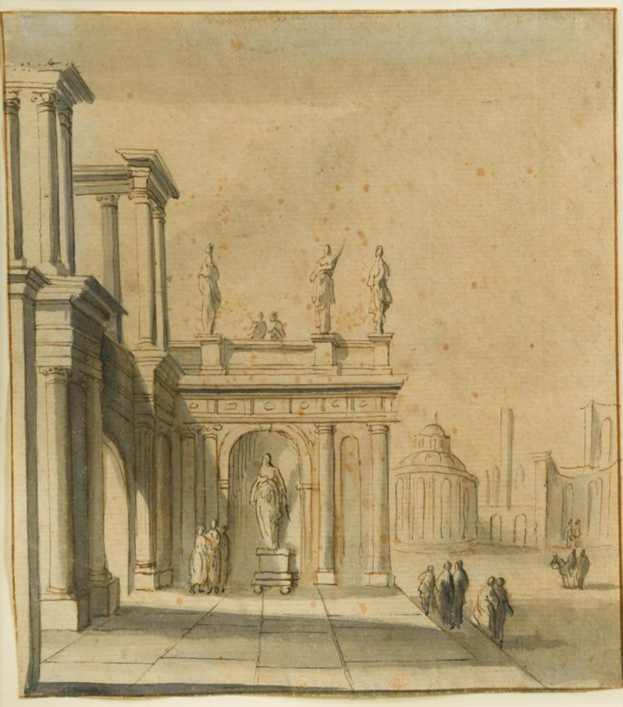 Follower of Dirck van Delen (Dutch, 1605-1671) Figures amidst classical architecture, pen, ink and