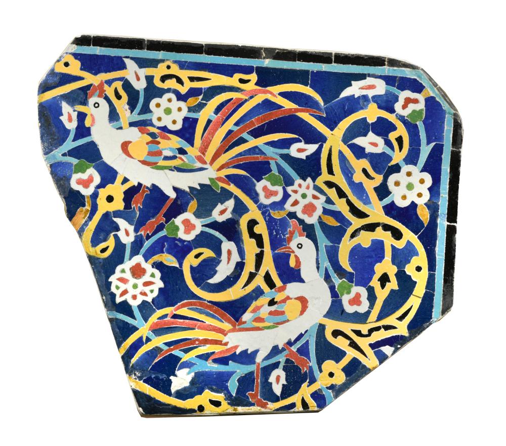 An Islamic Persian Safavid style pottery panel, probably 19th century depicting two fanciful birds