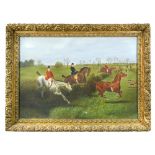 English School, 19th Century A lady riding side-saddle and a gentleman on a grey, jumping a hedge,