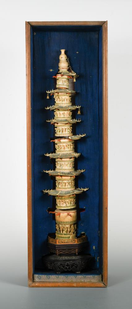 A Chinese carved and polychrome painted ivory nine storey pagoda, early Republic, each cylindrical