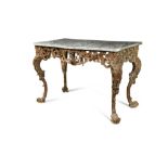 A George I carved pine wood serpentine console table, the frieze with a shell, double C-scroll