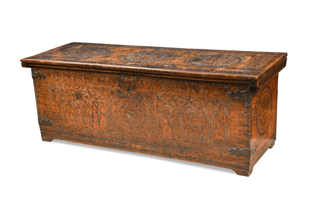 A 17th century Italian cedarwood cassone, with carved and pen work decoration 56 x 159 x 56cm (22