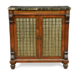 A George IV marble top rosewood cabinet, with cut-brass inlaid frieze above silk lined brass