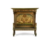A late 19th century Dutch painted and carved wood settle, decorated with The Battle of the Medway in