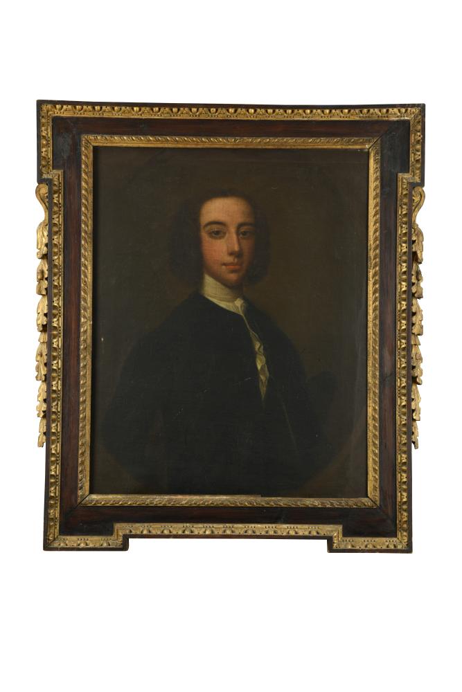 English School, 18th Century Portrait of a gentleman, three-quarter length, in black jacket and
