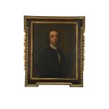 English School, 18th Century Portrait of a gentleman, three-quarter length, in black jacket and