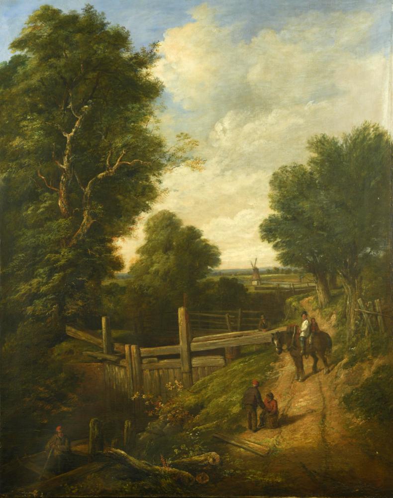 Follower of John Constable, mid 19th Century The Lock Gate with figures to the foreground, the